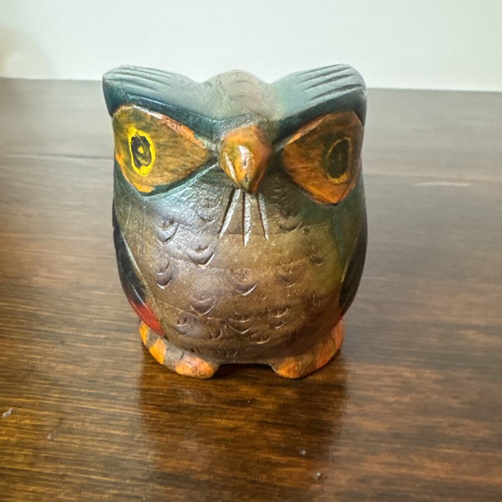 Vintage Wooden Owl Figurine Hand Carved Artisan Wood Bird Colorful Folk Art